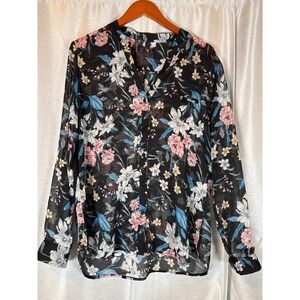 KUT from the Kloth Black Floral Sheer Long Sleeve Collared Button Up Blouse Top